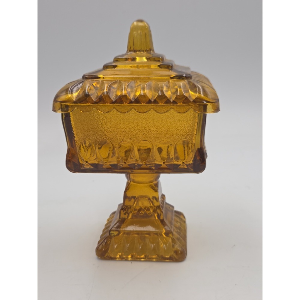 Vintage Jeannette Glass Amber Wedding Box Candy Dish Pedestal  Lidded 6.25"
